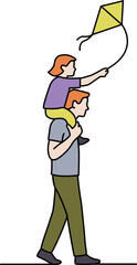 A cheerful illustration of a father and child flying a kite together. Perfect for themes of family bonding, outdoor activities, and childhood fun
