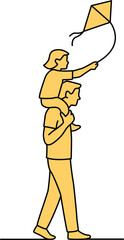 A cheerful illustration in yellow tones of a father giving his child a piggyback ride with a kite. Symbolizes joy and family fun