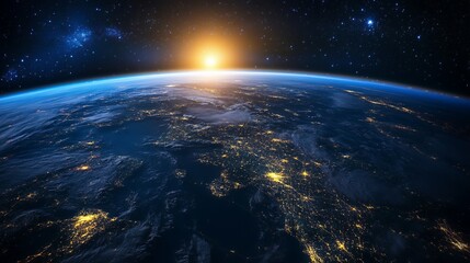 Fototapeta premium Earth at Sunrise From Space View with City Lights and Stars