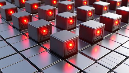 Grey metallic cubes, red lights, grid pattern