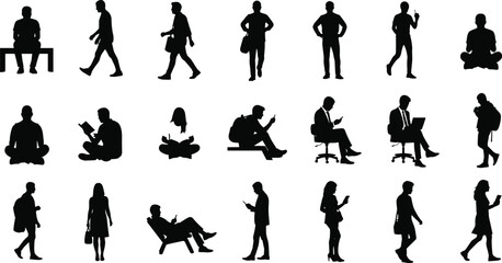 Silhouettes of people walking, sitting, reading, using mobile phones, relaxing and working isolated on white background vector illustration set