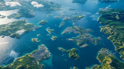 Fototapeta premium Aerial View of Islands and Coastal City with Blue Water Landscape