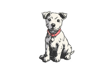 Hand drawn flat vector illustration of a sitting dog with a collar  