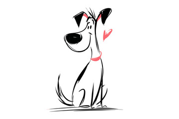 Hand drawn flat vector illustration of a happy dog with a heart   
