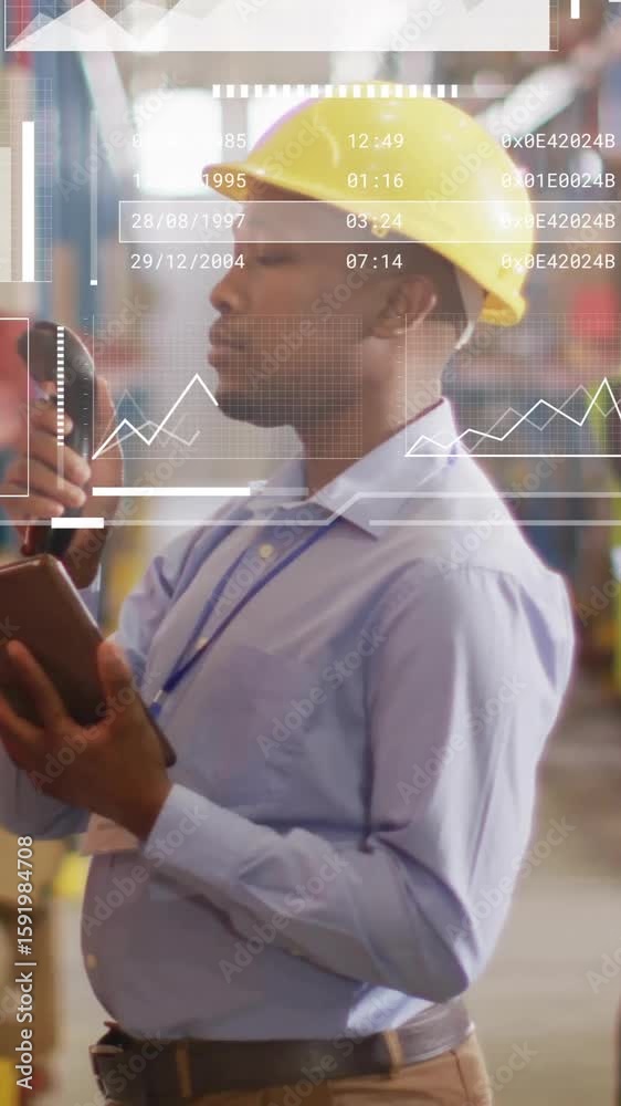 Poster warehouse workers using digital tablet with global data processing animation overlay