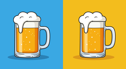 Illustrated beer mugs with frothy tops on vibrant backgrounds