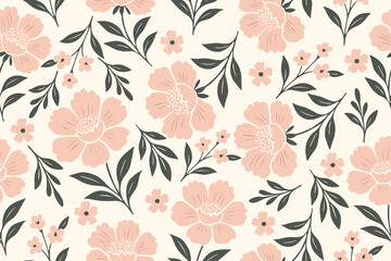 Soft seamless floral pattern with blush pink flowers and dark green leaves on a cream background. Ideal for fabric, wallpaper, invitations, or gift wrap.