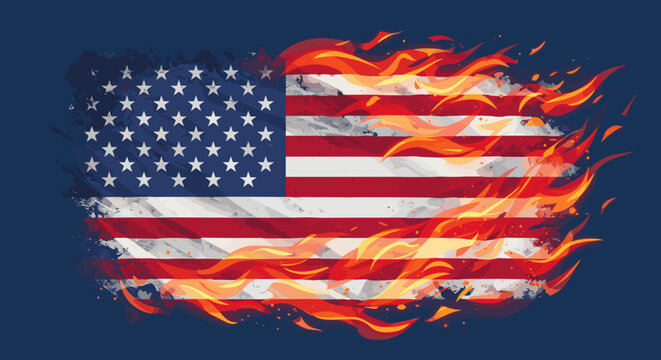 Burning American flag on textured background