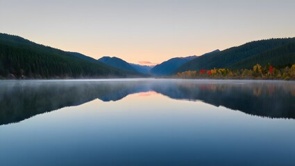Fototapeta premium Misty Mountain Lake Reflection at Dawn