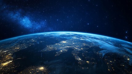 Fototapeta premium Earth From Space View at Night with City Lights and Stars