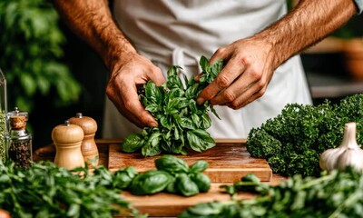 Chef prepares fresh herbs for culinary creations in a kitchen setting