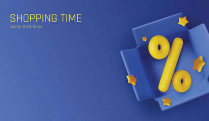 Bright 3D illustration of a yellow percentage symbol emerging from an open box with stars, representing discounts and shopping time. Ideal for online stores, banners, and marketing campaigns.