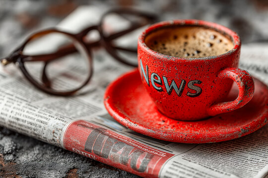 Coffee cup with newspaper and reading glasses for a morning news routine - Powered by Adobe