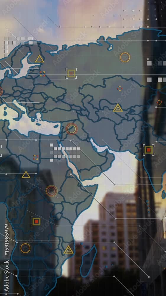 Wall mural world map with data processing animation over cityscape at sunset