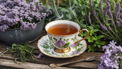 Earl Grey tea in a vintage cup, set among pale purple flowers and herbs on a garden table made of weathered wood.
