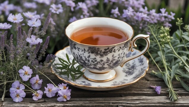 Earl Grey tea in a vintage cup, set among pale purple flowers and herbs on a garden table made of weathered wood.