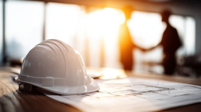 Business meeting between professionals in office space construction plans on table warm lighting collaborative environment