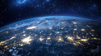 Fototapeta premium Earth at Night with City Lights and Stars in Outer Space