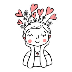 A cute girl with short hair dreams of love. Relationship psychology.