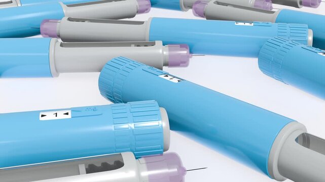 A 3d animation of pre-filled GLP-1 receptor agonist pens, used for the treatment of type 2 diabetes or for weight management. It's disposable or multi-dose reusable pen.