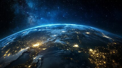 Fototapeta premium Earth From Space Night View of City Lights and Milky Way