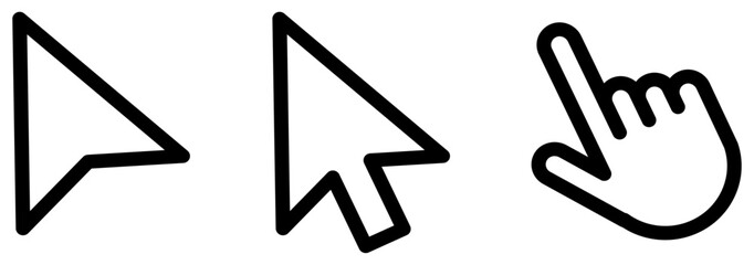 コンピューターのマウスカーソルアイコン。ポインタ、矢印、手のカーソル線画