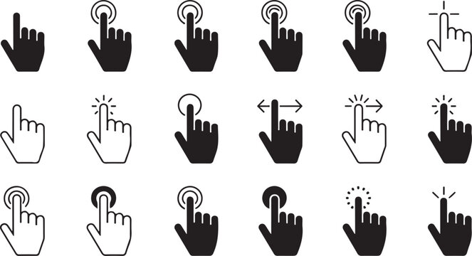 Black and white hand cursor icons indicating interaction click