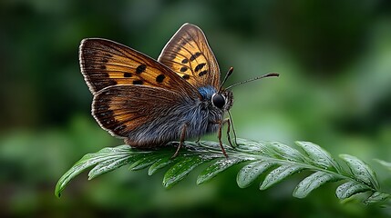 Obraz premium Egybolis vaillantina butterfly on a curved green leaf with its wings partially open, showing fine detail and subtle color shifts