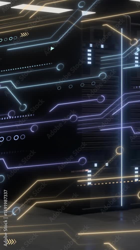Poster animation of glowing circuit lines overlaying data patterns in server room