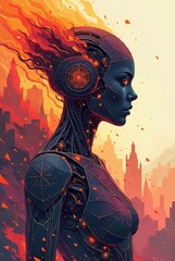 illustration of a female cyborg with a burning head on a red abstract background