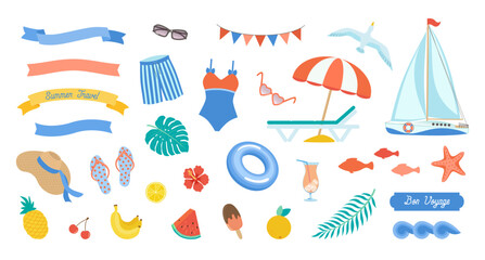 Summer travel clipart set. Coastal vacation icons vector illustration. Sea beach symbols. Cute holiday signs collection watercolor like flat design. Tropical voyage theme. Bright decorative elements.