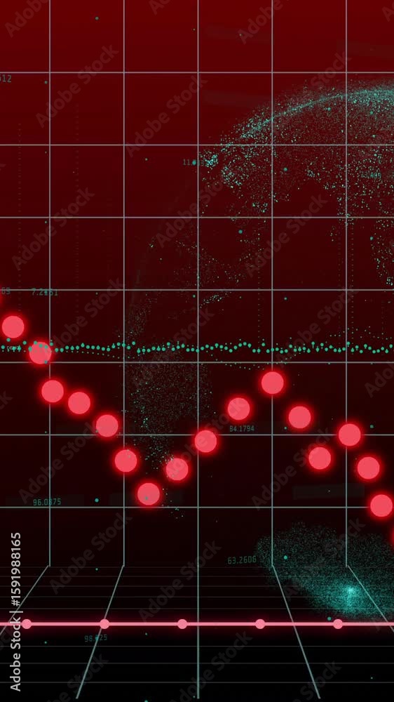 Poster animation of red graph fluctuating over digital globe and grid background