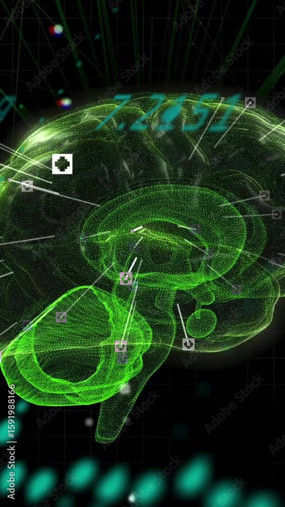 Poster animation of digital brain model with data points on dark background