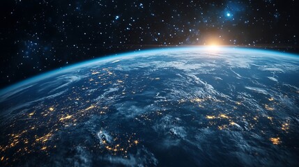 Obraz premium Earth View From Space at Night with City Lights and Sunrise