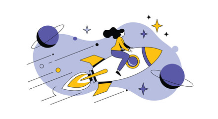 Woman riding rocket ship among planets and stars illustration