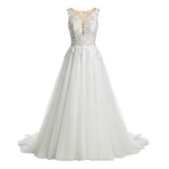 Elegant white lace bridal gown with tulle skirt and floral accents