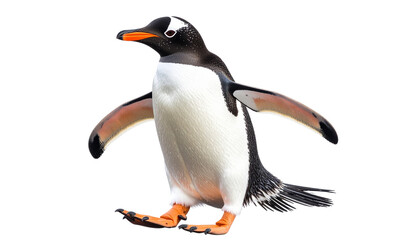 Fototapeta premium Gentoo Penguin Strut: A photorealistic close-up of a gentoo penguin takes a confident stride, showcasing its distinct features and capturing the spirit isolated on transparent background