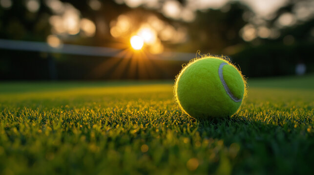 Close up of a bright yellow tennis ball resting on lush green grass at sunset