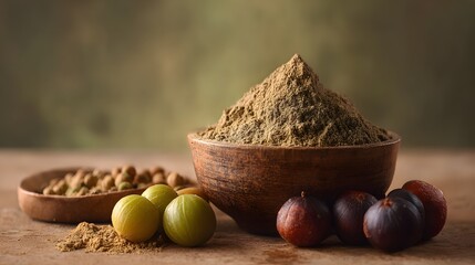Brown clay bowl filled with fine green powder next to fresh gooseberries and dark purple figs on wooden surface