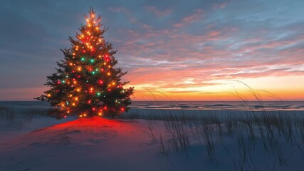 A Christmas tree adorned with lights stands on the beach against a colorful sunset sky and calm ocean waves - Powered by Adobe