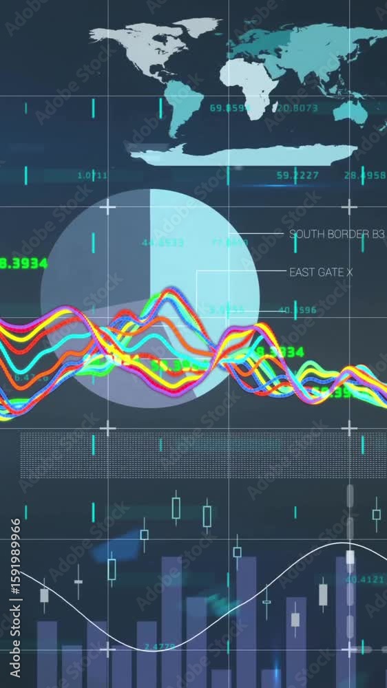Poster animation of colorful financial graphs and data charts on world map statistics