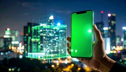 Hand holds phone, city skyline, 3D model of building