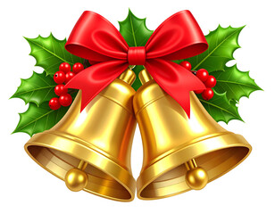  Golden Christmas Bells with Red Bow and Holly Leaves Isolated on Transparent Background