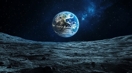 Earth From Moon Surface with Stars and Galaxy Background Space Concept