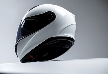 Modern White Motorcycle Helmet Positioned Against Minimalist Studio Background