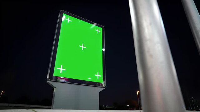Vertical Digital Billboard with Green Screen and Tracking Markers at Night in Urban Setting, Ready for Advertisement or Information Display Mockup