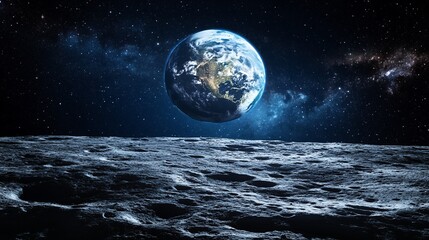 Earth Rising Above Lunar Surface with Starry Galaxy Background
