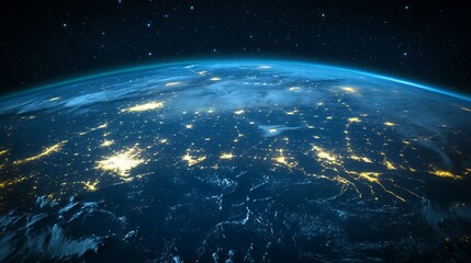 Earth From Space at Night City Lights Glowing Planet View
