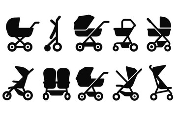 Baby stroller silhouette icon set. pram, carriage, pushchair icons silhouette style