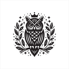 Fototapeta premium Majestic Owl with Crown and Laurel Wreath Black and White Emblem.
